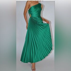 House of Harlow 1960 Emerald Green Pleated One Shoulder Keyhole Maxi Dress small
